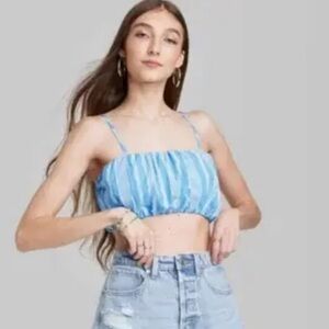 Wild Fable Blue Square Neck Ruched Woven Bubble Hem Top Sz Small